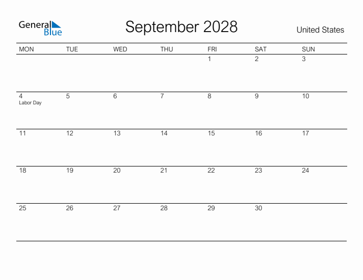 Printable September 2028 Calendar for United States