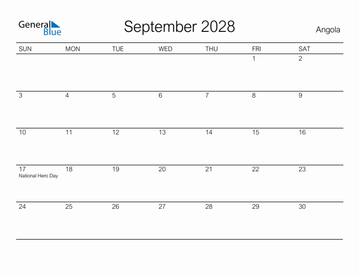 Printable September 2028 Calendar for Angola