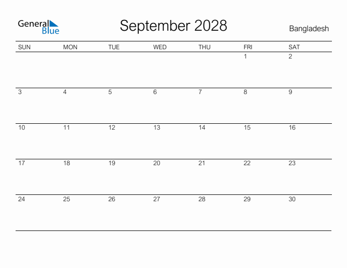 Printable September 2028 Calendar for Bangladesh