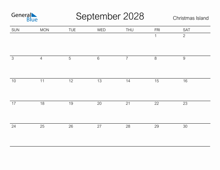 Printable September 2028 Calendar for Christmas Island