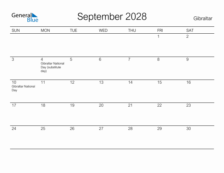 Printable September 2028 Calendar for Gibraltar