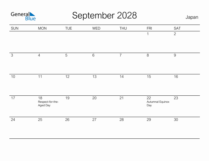 Printable September 2028 Calendar for Japan