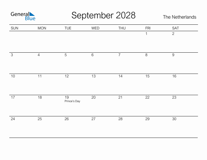 Printable September 2028 Calendar for The Netherlands