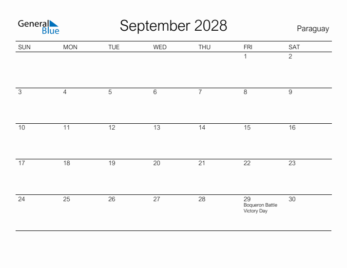 Printable September 2028 Calendar for Paraguay