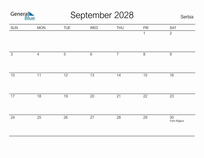 Printable September 2028 Calendar for Serbia