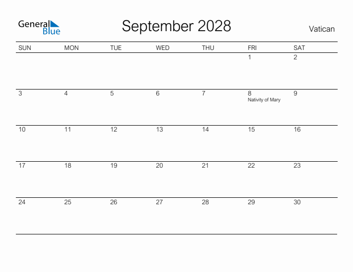 Printable September 2028 Calendar for Vatican