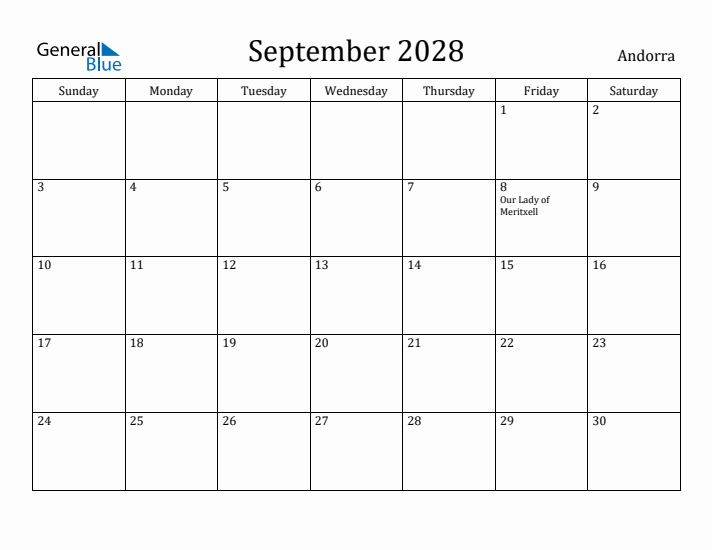 September 2028 Calendar Andorra