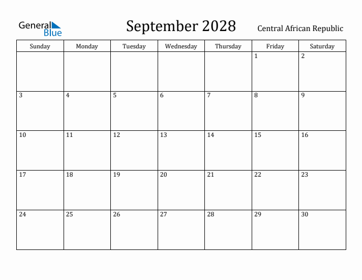 September 2028 Calendar Central African Republic