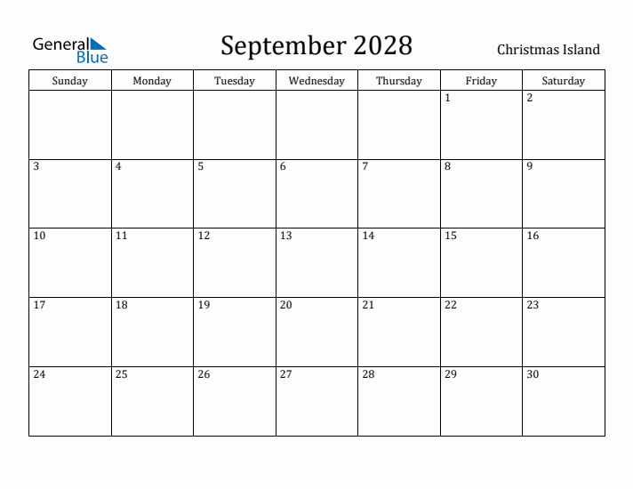 September 2028 Calendar Christmas Island