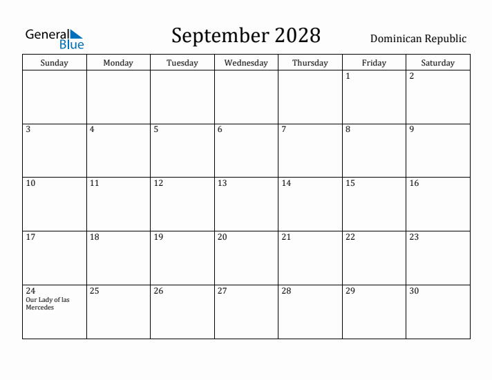 September 2028 Calendar Dominican Republic