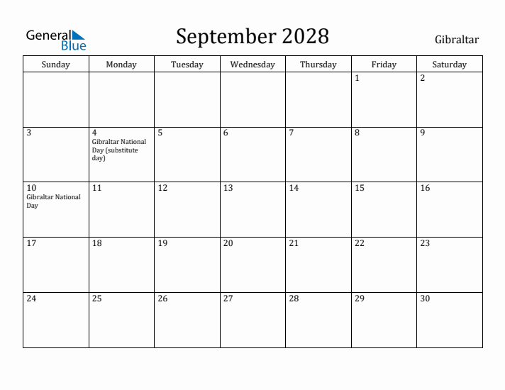 September 2028 Calendar Gibraltar