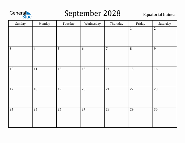 September 2028 Calendar Equatorial Guinea