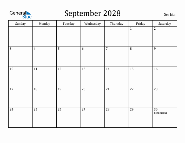 September 2028 Calendar Serbia