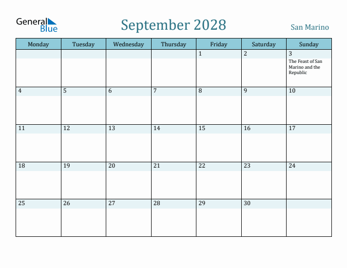 September 2028 Calendar with Holidays