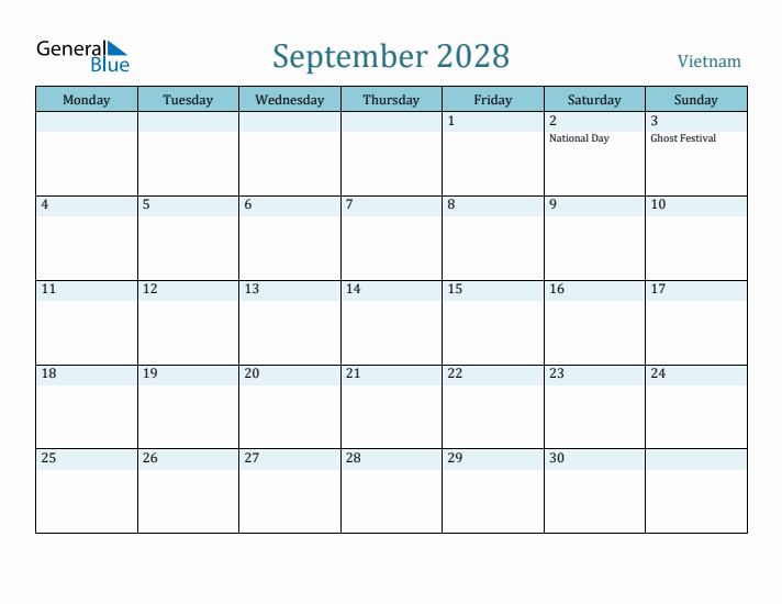 September 2028 Calendar with Holidays