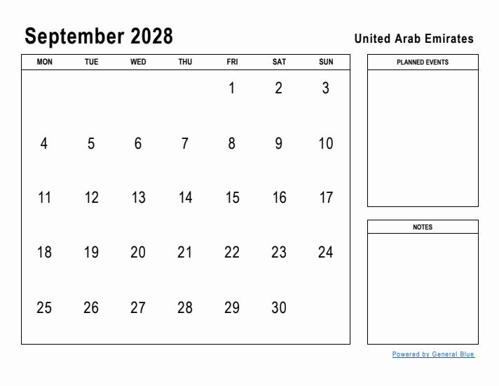 September 2028 Printable Monthly Calendar with United Arab Emirates Holidays