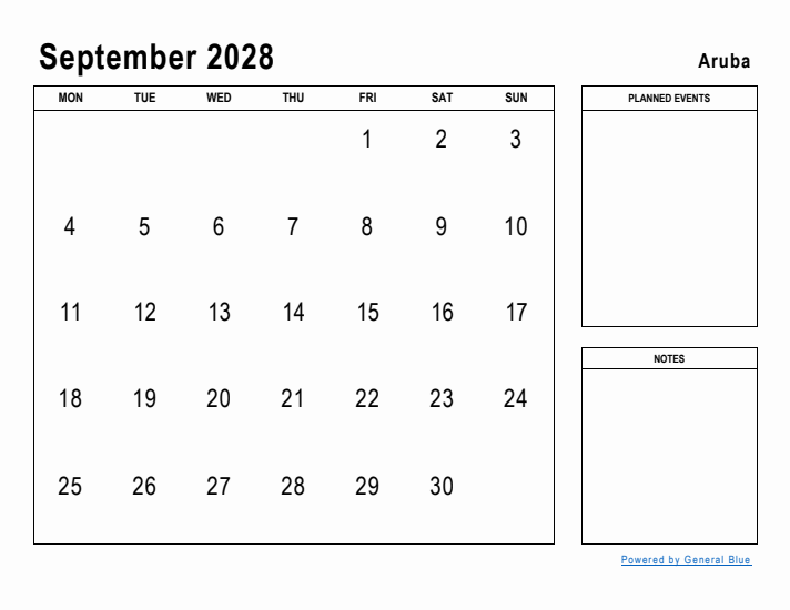 September 2028 Printable Monthly Calendar with Aruba Holidays