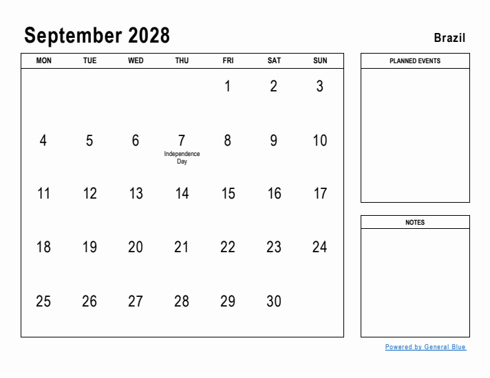 September 2028 Printable Monthly Calendar with Brazil Holidays