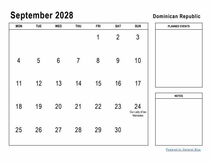 September 2028 Printable Monthly Calendar with Dominican Republic Holidays