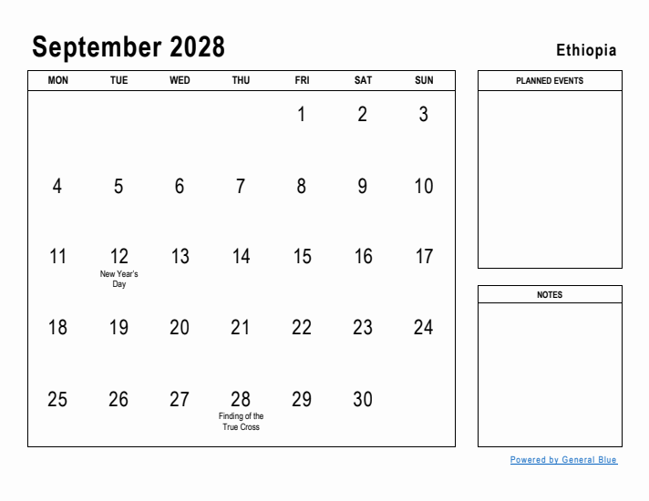 September 2028 Printable Monthly Calendar with Ethiopia Holidays