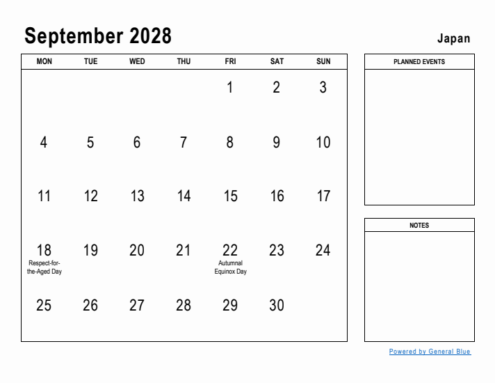 September 2028 Printable Monthly Calendar with Japan Holidays