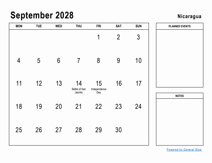 September 2028 Printable Monthly Calendar with Nicaragua Holidays