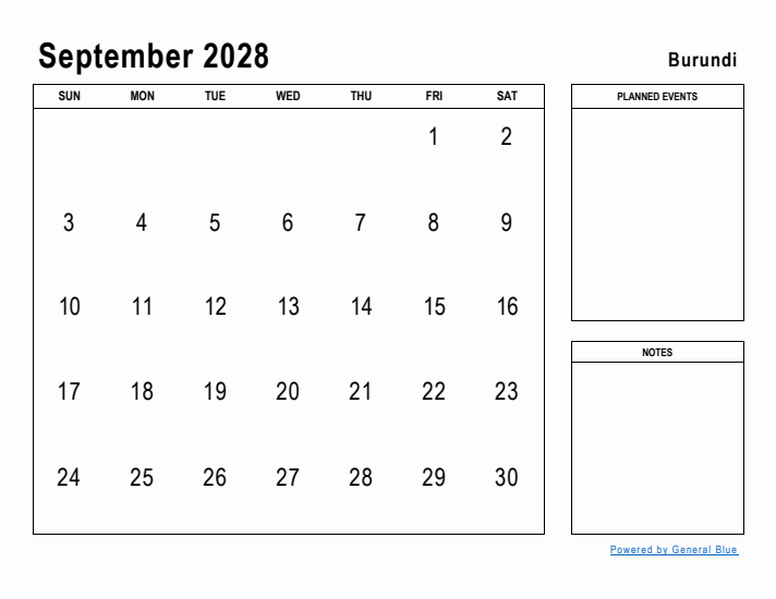 September 2028 Printable Monthly Calendar with Burundi Holidays