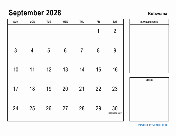 September 2028 Printable Monthly Calendar with Botswana Holidays