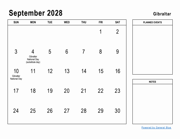 September 2028 Printable Monthly Calendar with Gibraltar Holidays