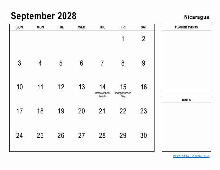 September 2028 Printable Monthly Calendar with Nicaragua Holidays