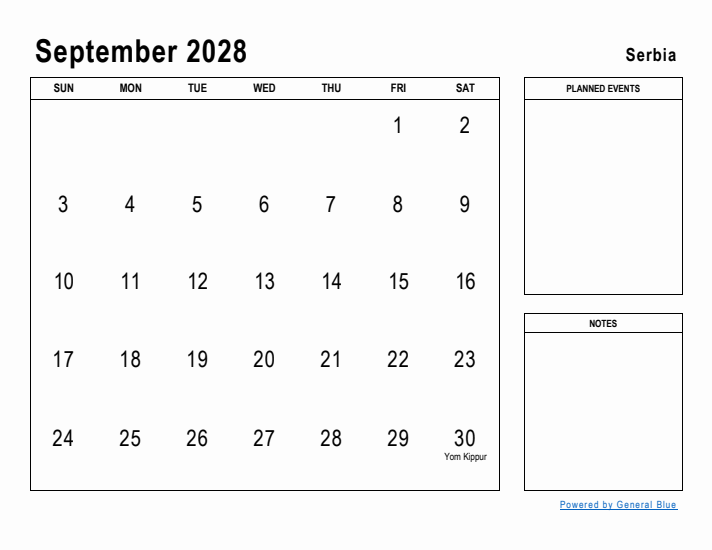 September 2028 Printable Monthly Calendar with Serbia Holidays