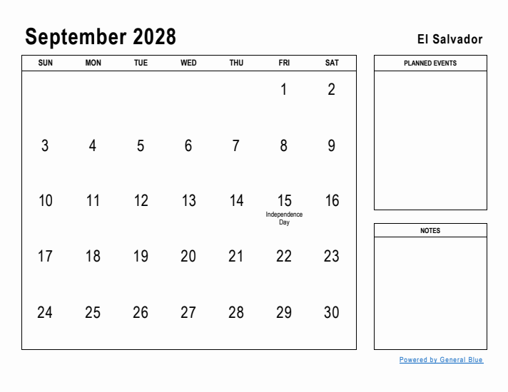 September 2028 Printable Monthly Calendar with El Salvador Holidays