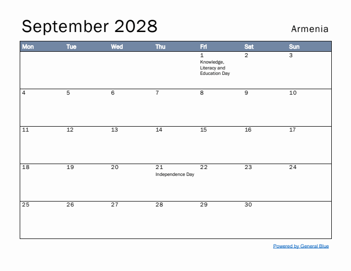 September 2028 Simple Monthly Calendar for Armenia