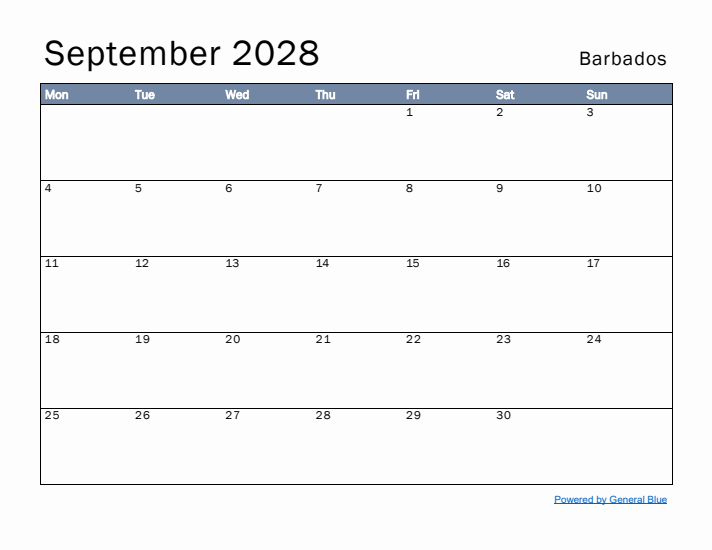 September 2028 Simple Monthly Calendar for Barbados