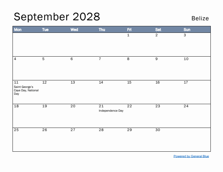 September 2028 Simple Monthly Calendar for Belize