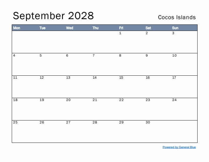 September 2028 Simple Monthly Calendar for Cocos Islands