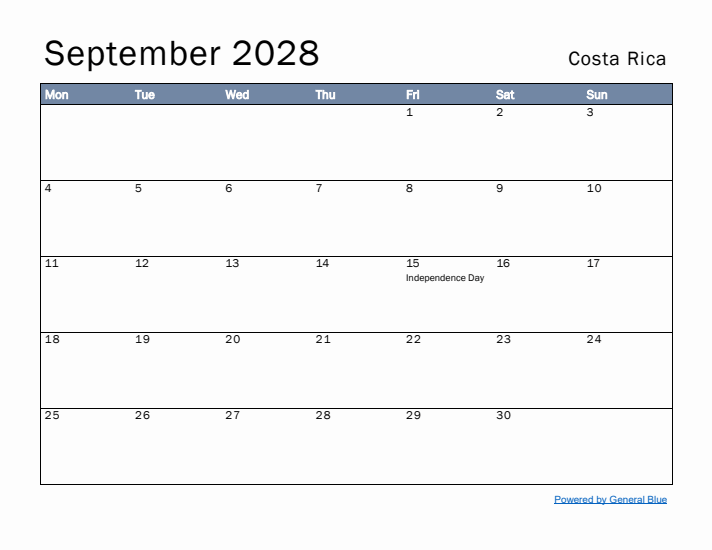 September 2028 Simple Monthly Calendar for Costa Rica