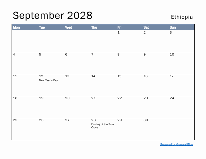 September 2028 Simple Monthly Calendar for Ethiopia