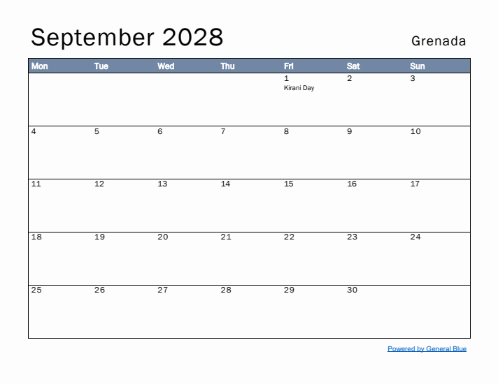 September 2028 Simple Monthly Calendar for Grenada