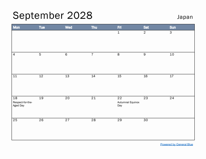 September 2028 Simple Monthly Calendar for Japan