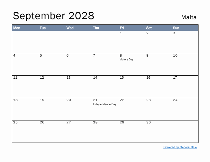 September 2028 Simple Monthly Calendar for Malta