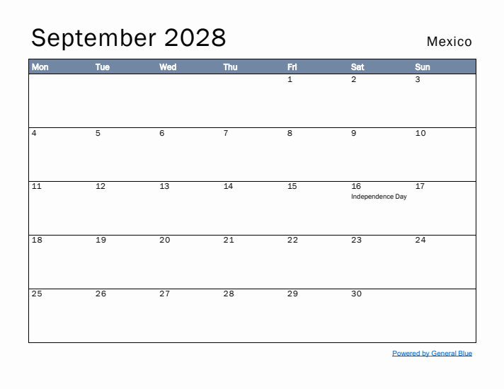 September 2028 Simple Monthly Calendar for Mexico