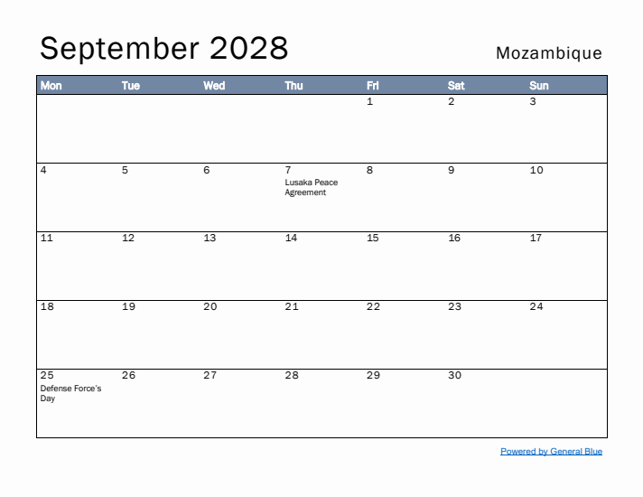 September 2028 Simple Monthly Calendar for Mozambique