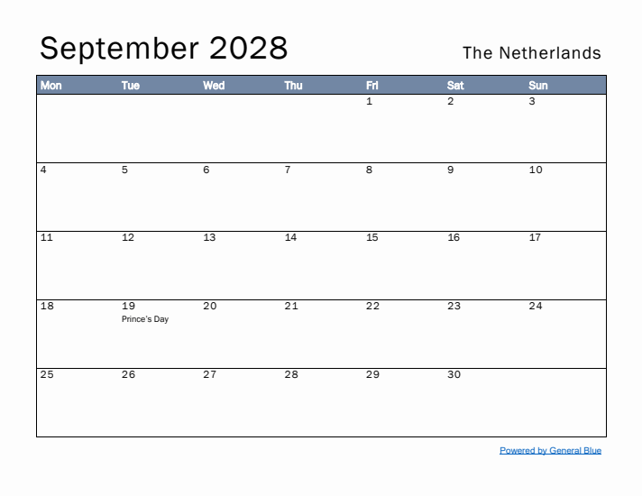 September 2028 Simple Monthly Calendar for The Netherlands