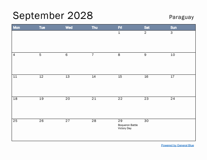 September 2028 Simple Monthly Calendar for Paraguay