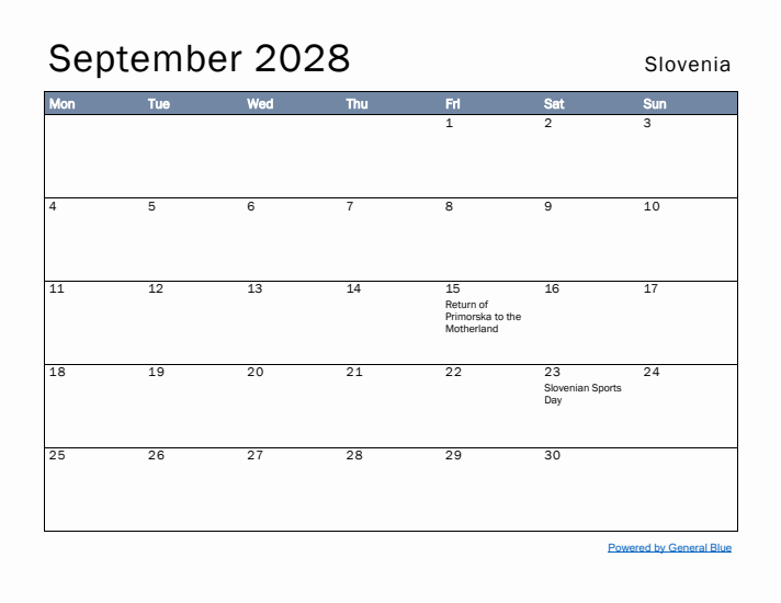 September 2028 Simple Monthly Calendar for Slovenia