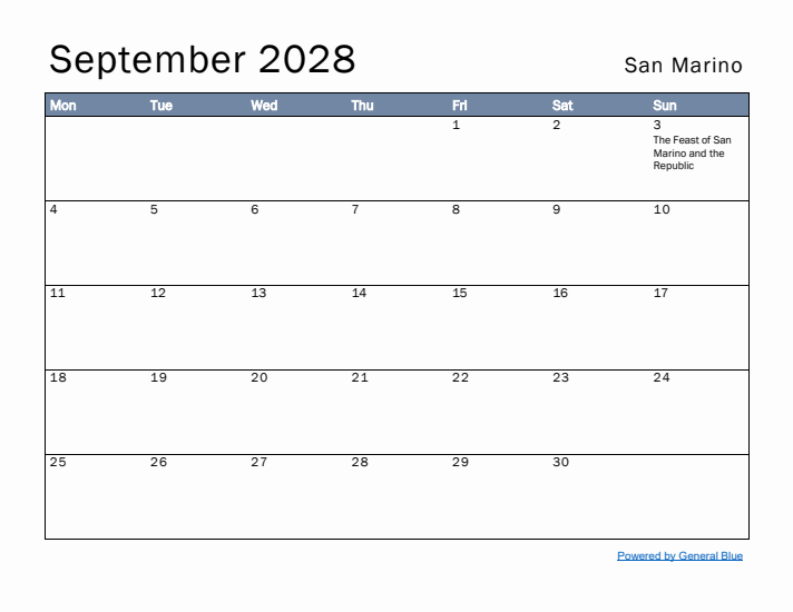 September 2028 Simple Monthly Calendar for San Marino