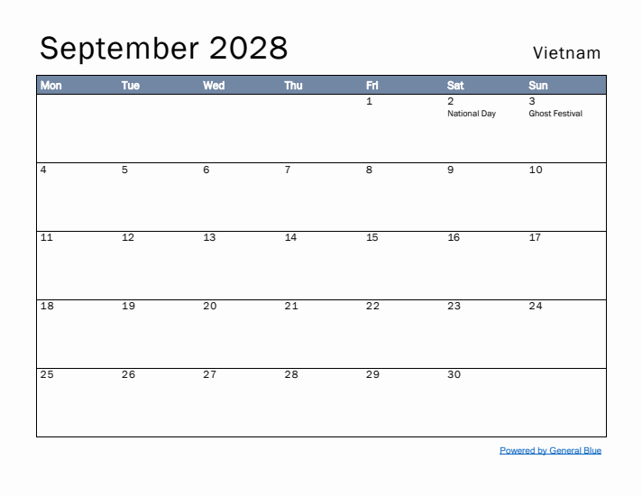 September 2028 Simple Monthly Calendar for Vietnam