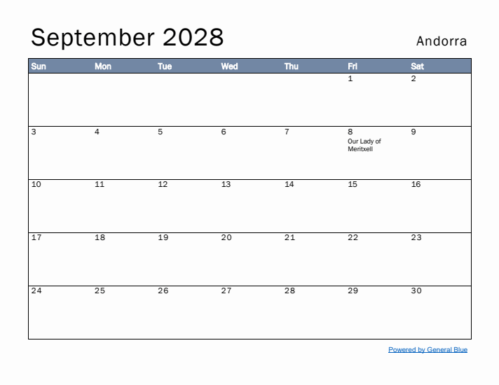 September 2028 Simple Monthly Calendar for Andorra