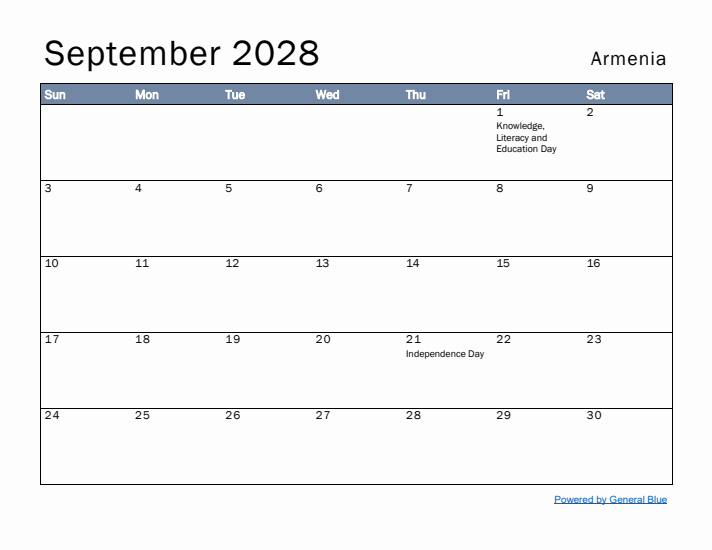 September 2028 Simple Monthly Calendar for Armenia